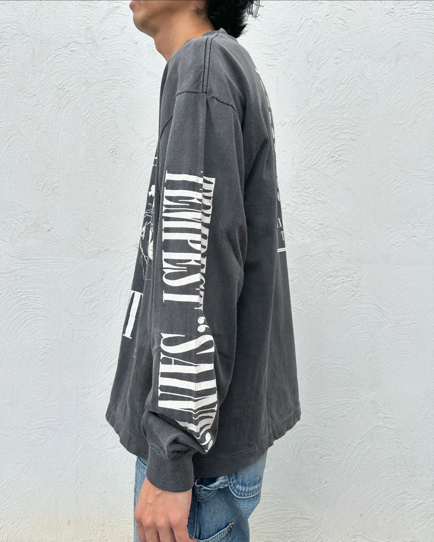 SAINT Mxxxxxx LS TEE/TEMPEST/BLK 'TEMPEST SAINT' Storm Religious Saints Cracked Retro Vulcanized Heavy Wash Long Sleeves Washed Black S-XL Assute Dyeing Multi-bit Horse Fading Craftsmanship Grinding and Hanging Holes Full of Old Feeling Top Printing Craftsmanship Purchasing Level